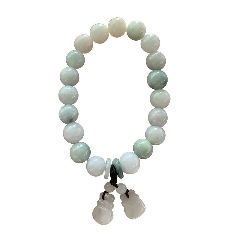 Adjustable natural jade bracelet with geometric pendant and symbolic apple, Maitreya, gourd, and money bag charms.
