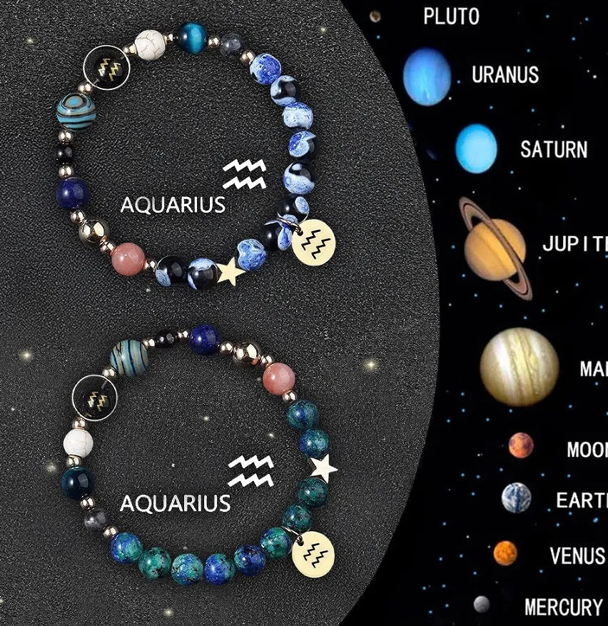 Natural stone zodiac bracelet set showing twelve astrology sign designs with mineral bead construction