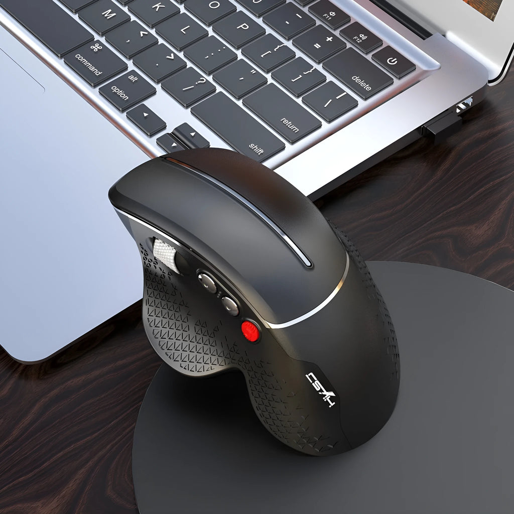 T32 black and silver wireless vertical ergonomic mouse with aluminium side roller on a desk.