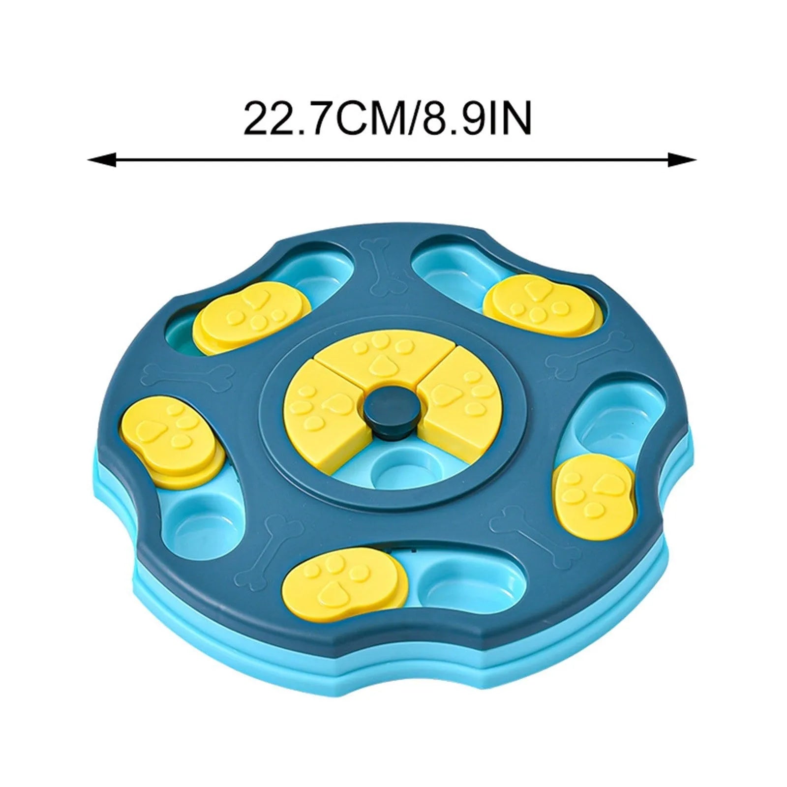 Blue dog puzzle toy feeder with compartments for interactive food search games.