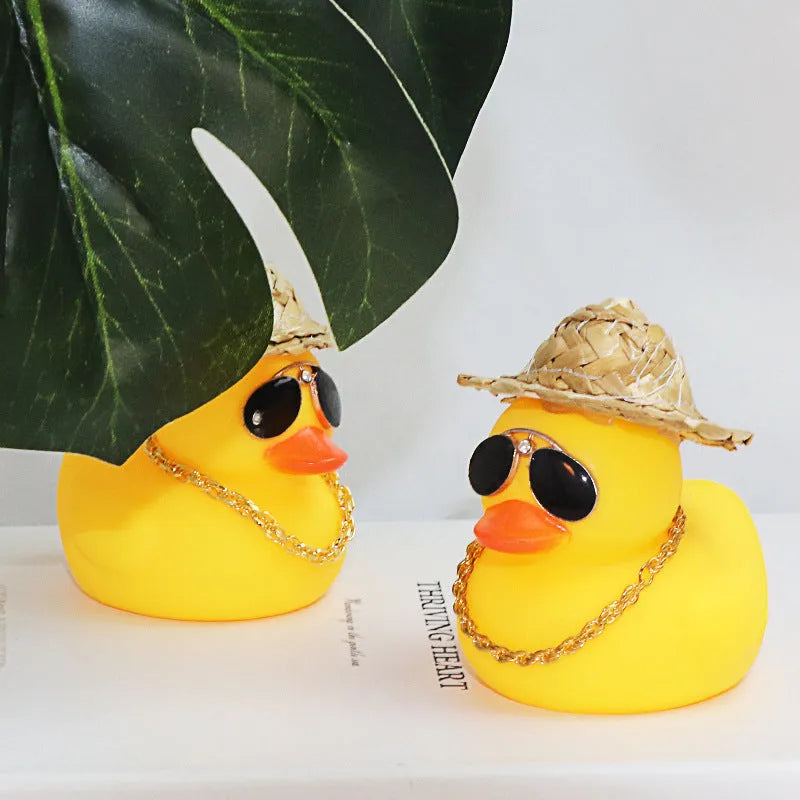 Yellow cartoon duck with straw hat car dashboard ornament with base glue and sunglasses accessory