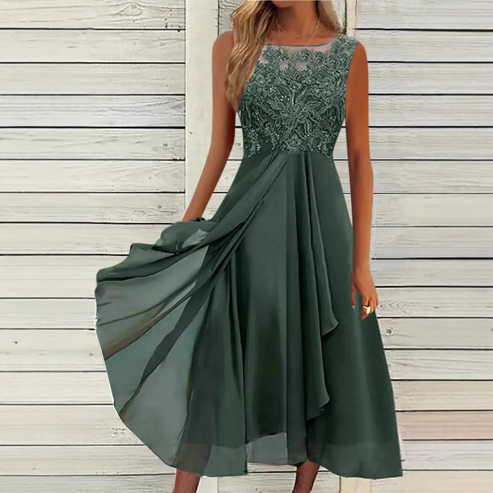 Women's sleeveless chiffon dress with lace hollow-out detail in blue, green or purple colours