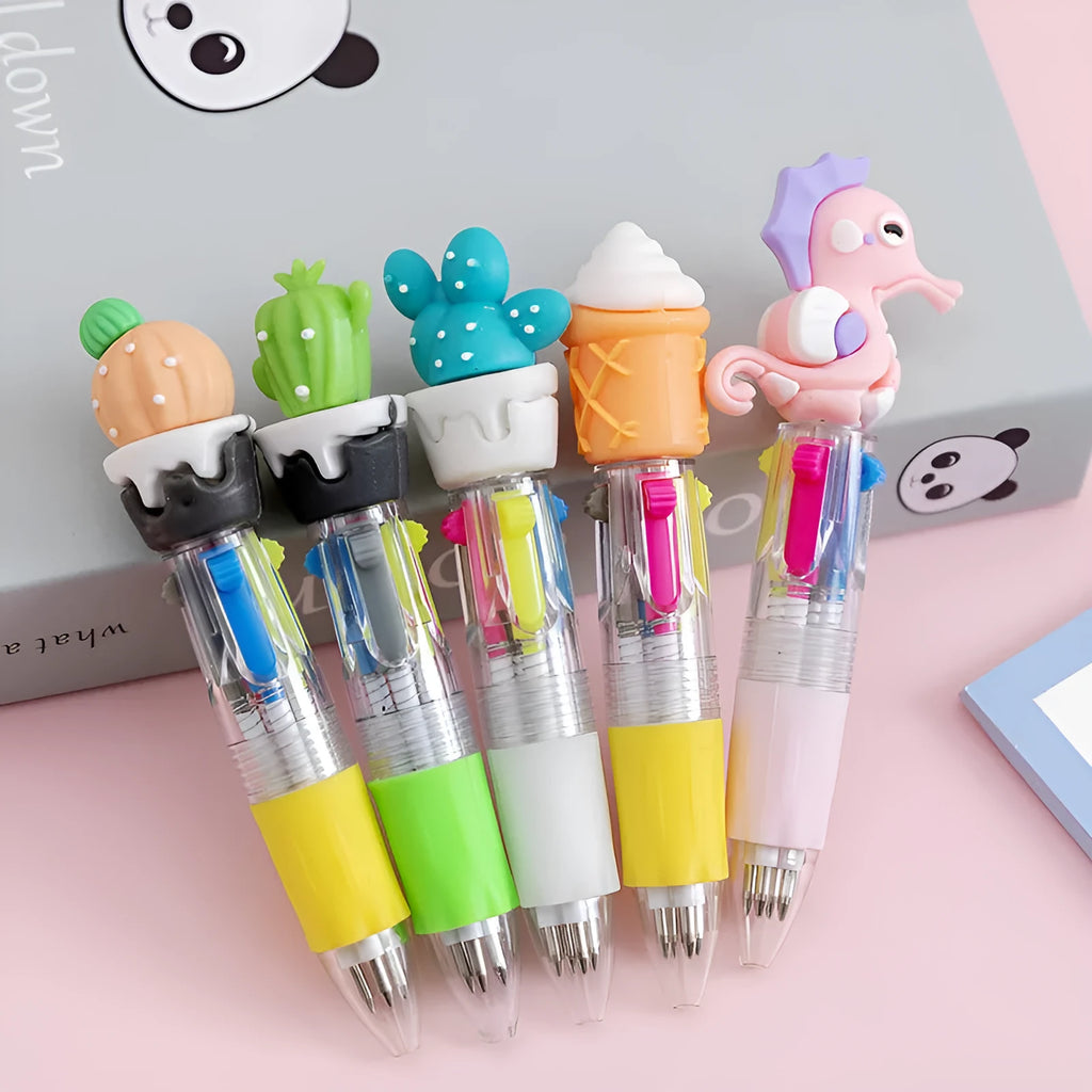 Cartoon themed four-colour press ballpoint pen with a silicone grip in a cactus design.