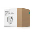 Twin tower black CPU air cooler with fans and a digital temperature display on front.