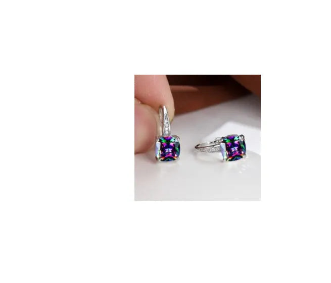 Square geometric ear clip earrings with colourful moissanite inlay on gold electroplated finish