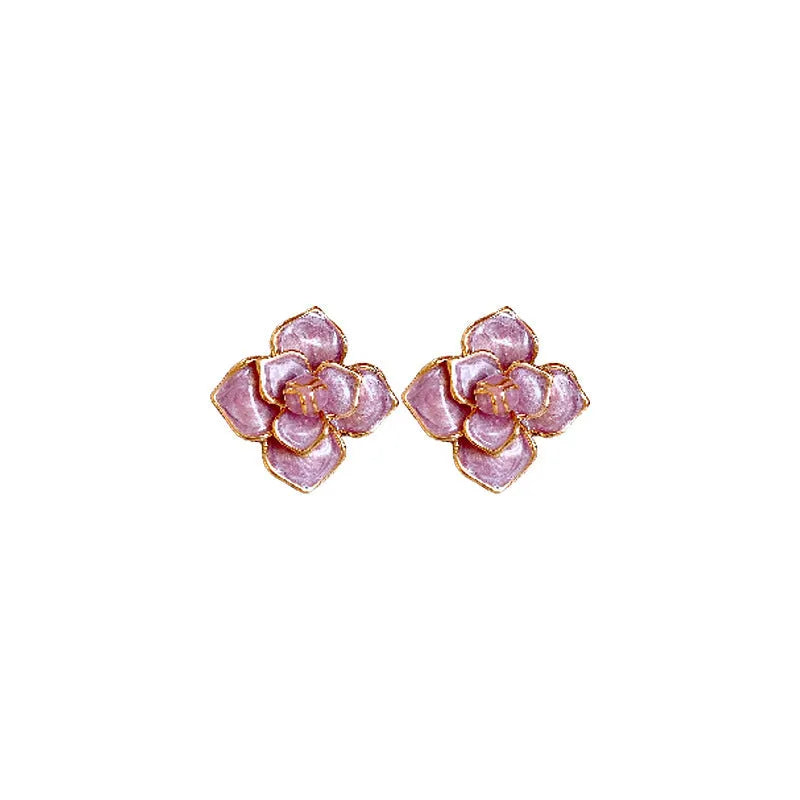 Gold-plated purple oil-spot glaze flower stud earrings with floral design on copper base