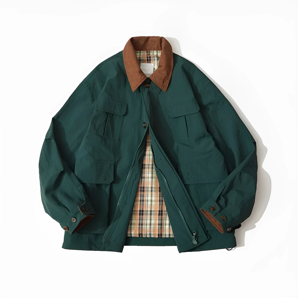 Green and apricot contrast colour casual jacket with side seam pockets on mannequin