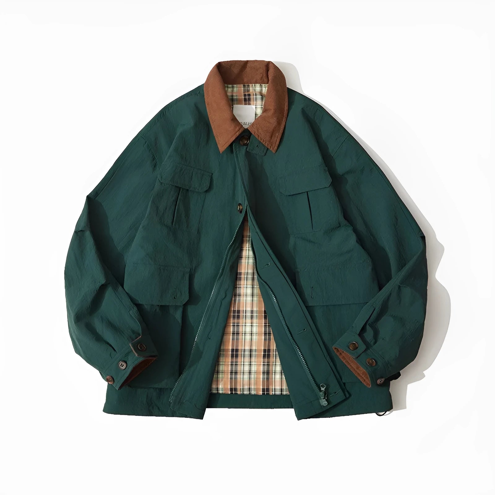 Green and apricot contrast colour casual jacket with side seam pockets on mannequin