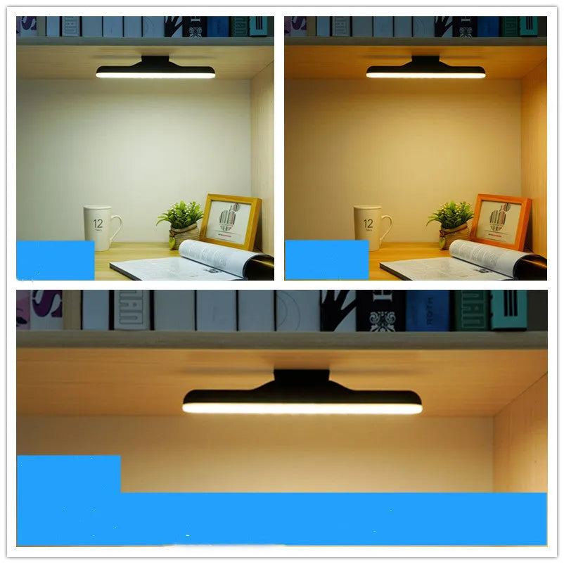 Plastic LED desk lamp with touch control showing three dimming settings and rechargeable battery for portable use