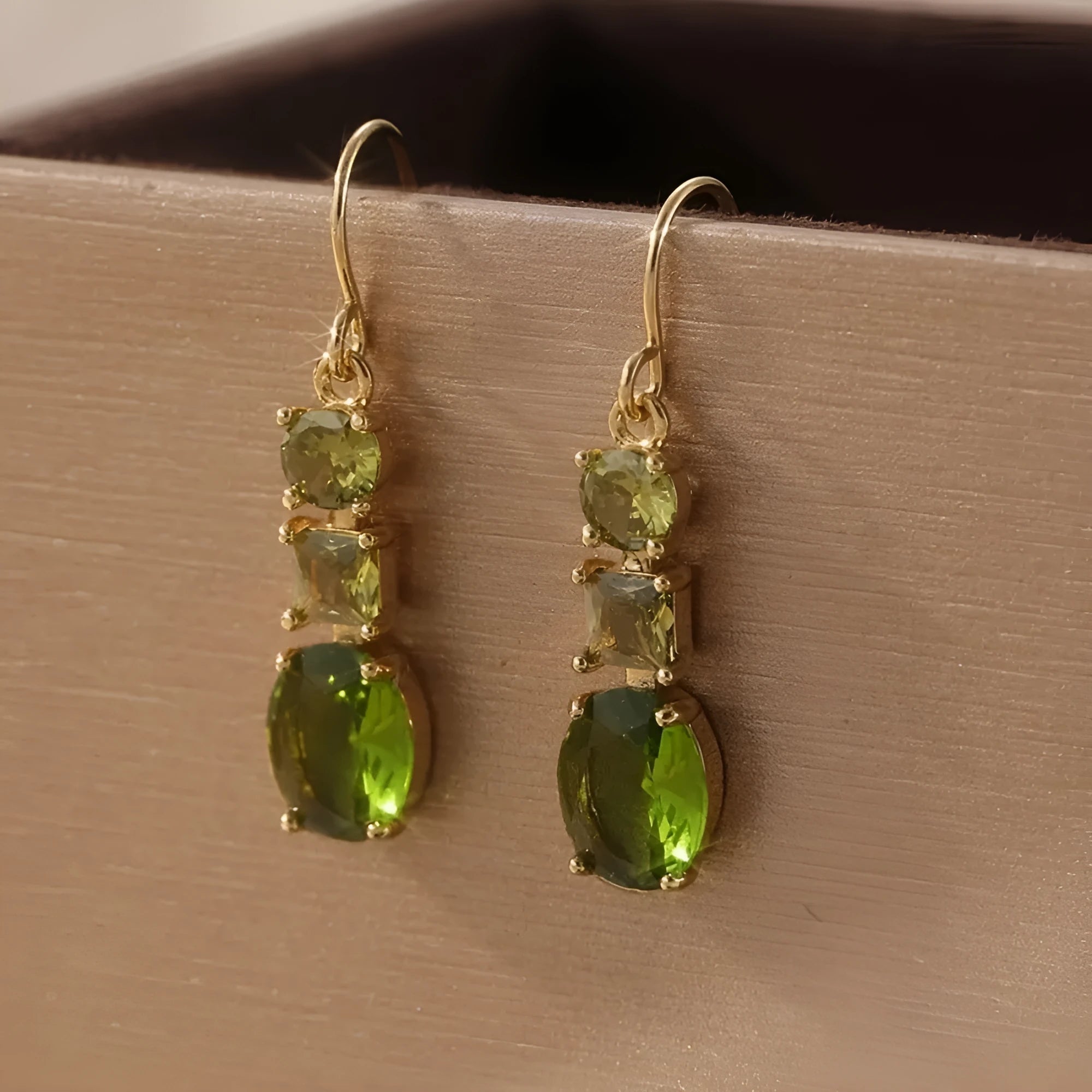 Green geometric quadrilateral copper earrings with retro bohemian styling for unisex wear