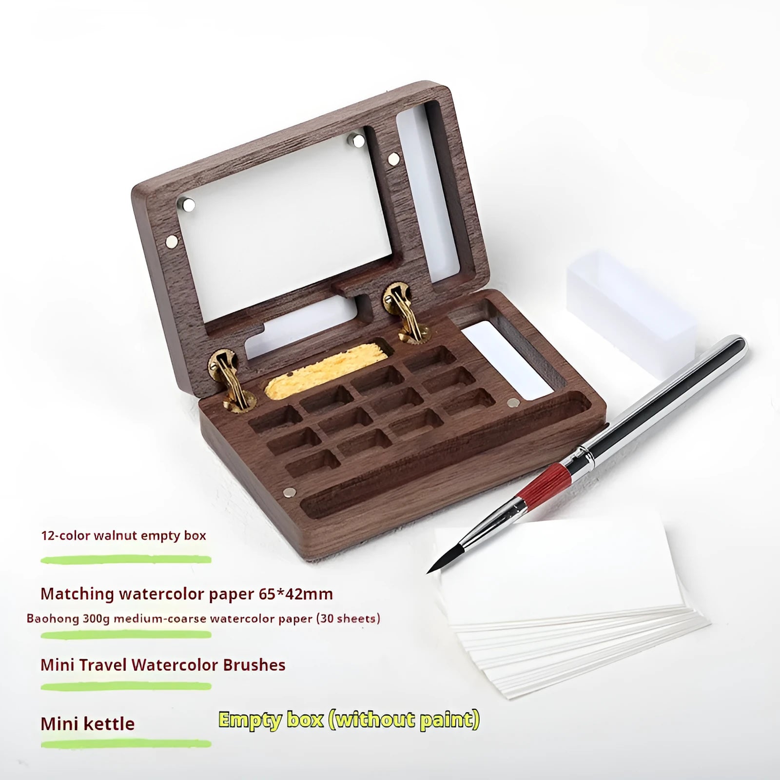 Mini walnut wooden watercolour paint box set with leather carry case, open to show professional artist pigments.
