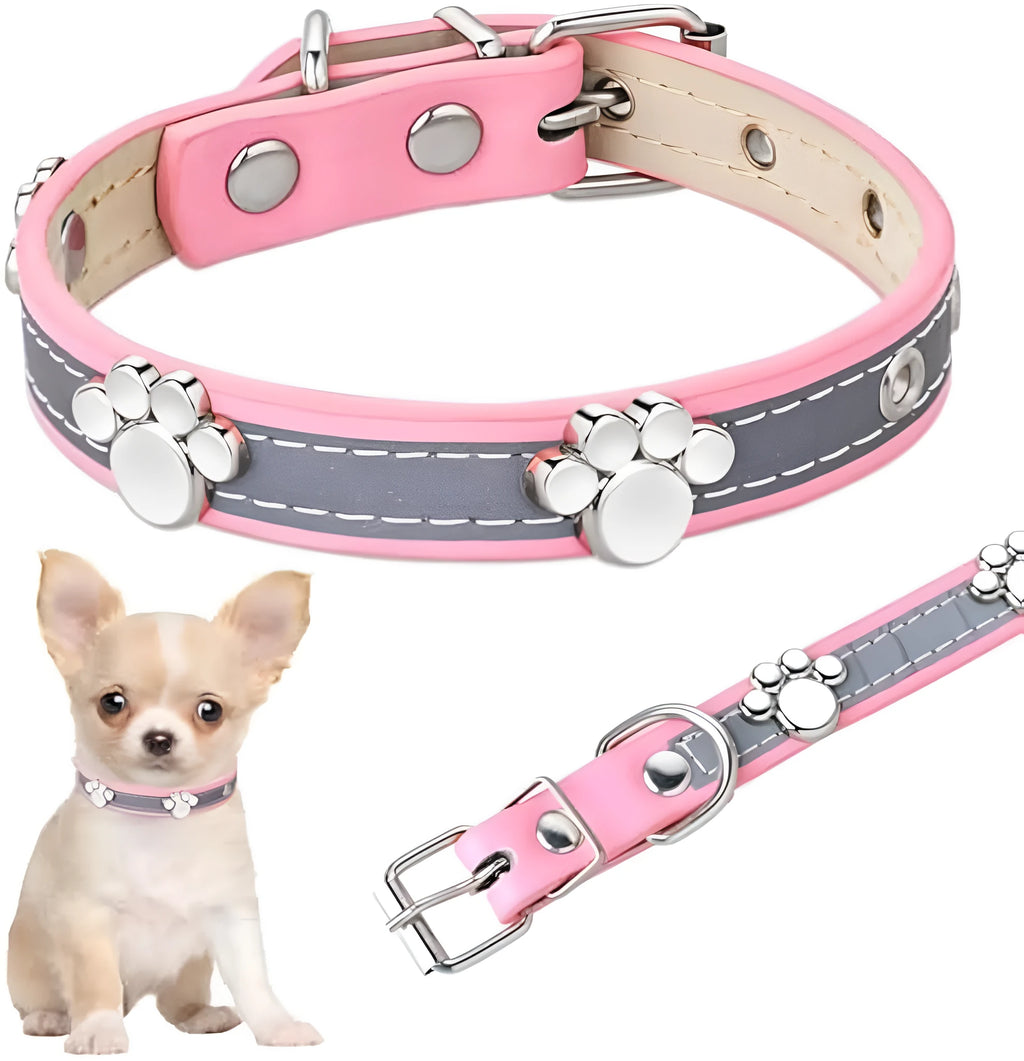 Reflective adjustable dog collar in soft brown PU leather with a metal paw-shaped rivet and buckle.