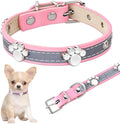 Reflective adjustable dog collar in soft brown PU leather with a metal paw-shaped rivet and buckle.