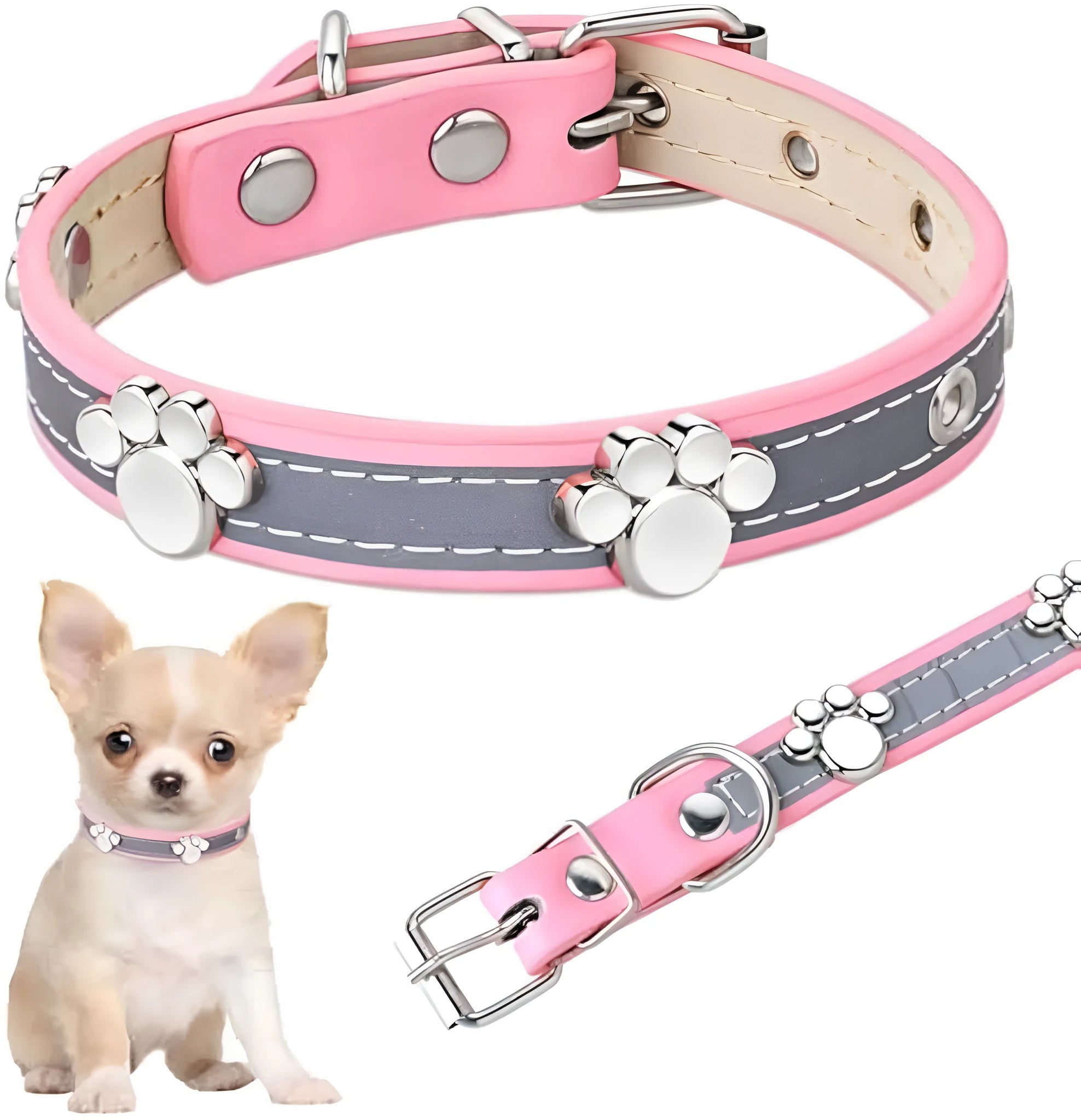 Reflective adjustable dog collar in soft brown PU leather with a metal paw-shaped rivet and buckle.