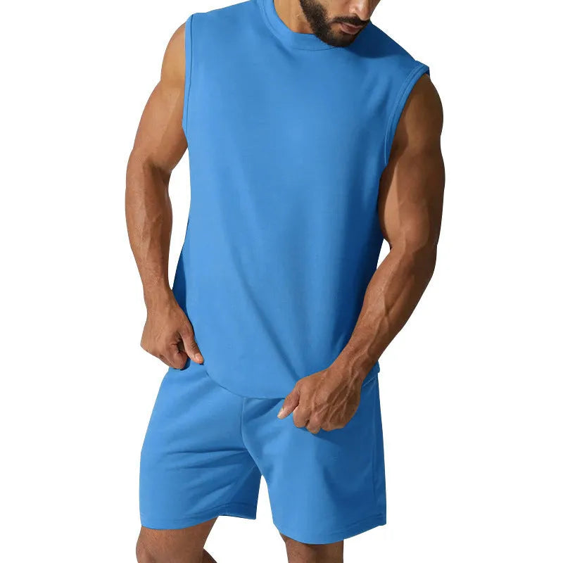 Men's sleeveless sports suit set in cotton blend fabric with matching shorts