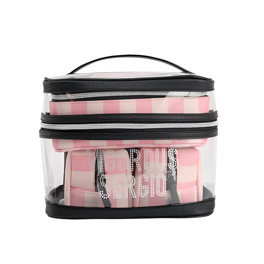 Pink bold stripes waterproof makeup bag with floral design in European American retro style