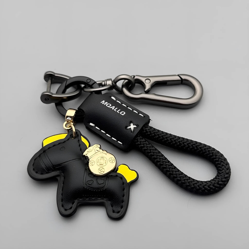 Handmade cowhide leather car key pendant with zinc alloy pony buckle and coloured flanelle rope