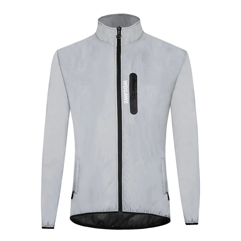 Silver waterproof polyester long sleeved jacket with windproof function, shown on hanger