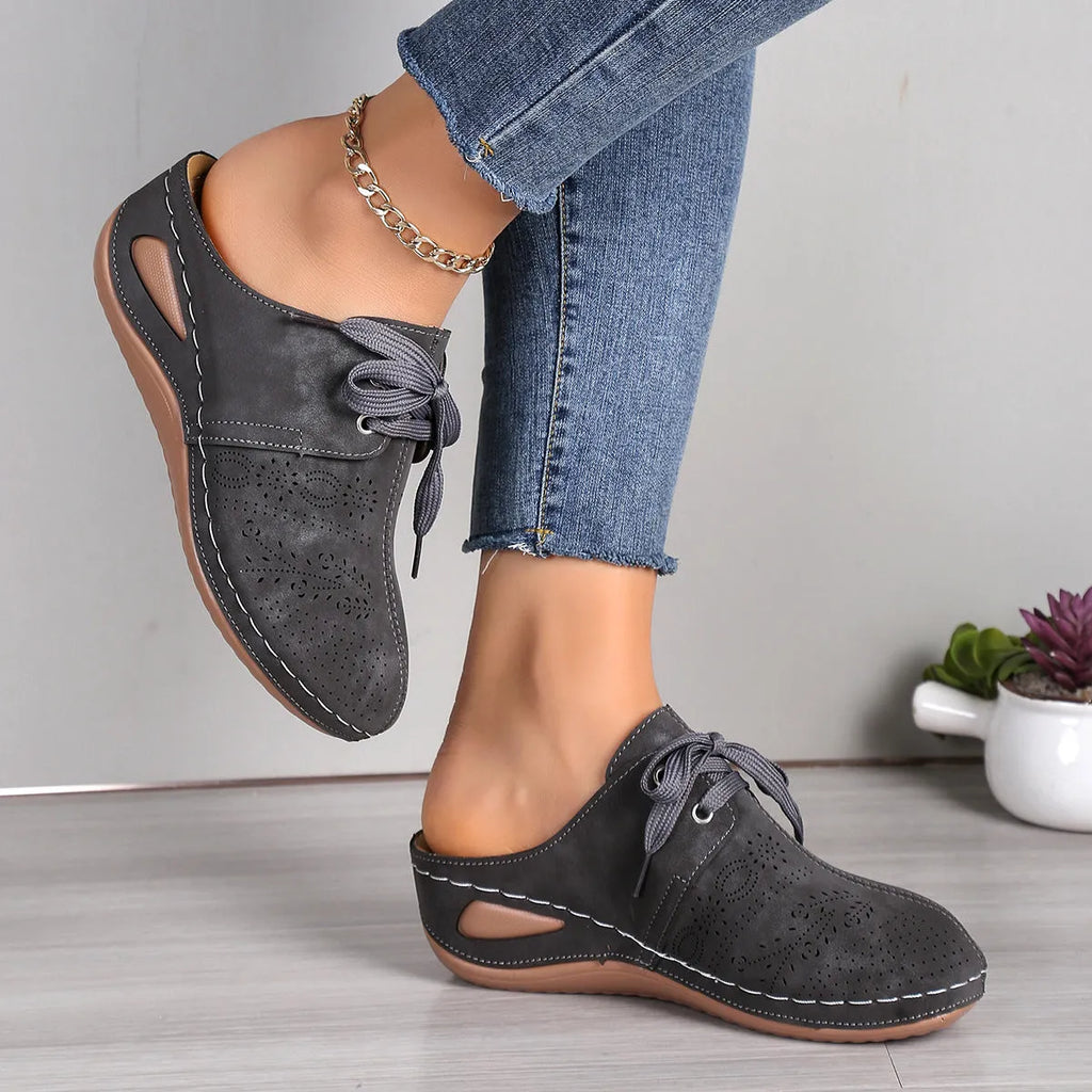Women's lace-up wedge slippers with hollow-out suede upper and rubber sole
