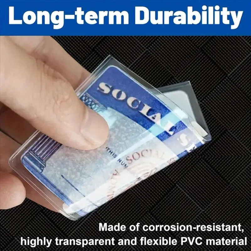 Transparent PVC social security card holder with dimensions 9.7 by 5.9 centimetres.