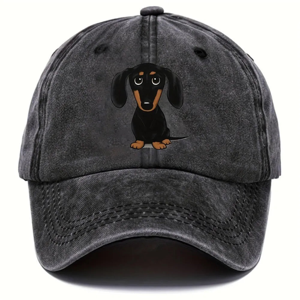 Retro washed baseball cap with a machine-embroidered dachshund dog print on the front.