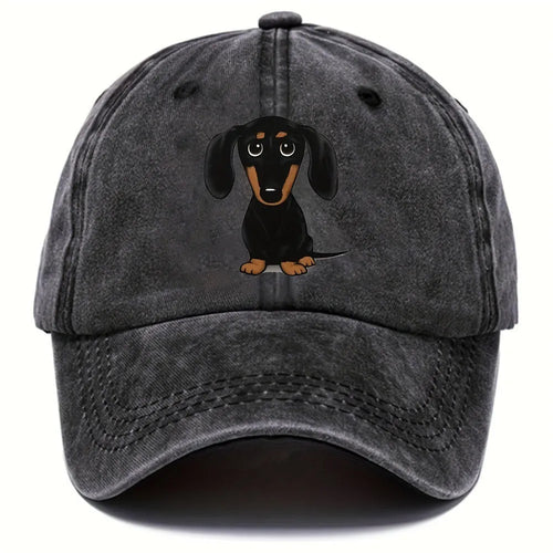 Retro washed baseball cap with a machine-embroidered dachshund dog print on the front.