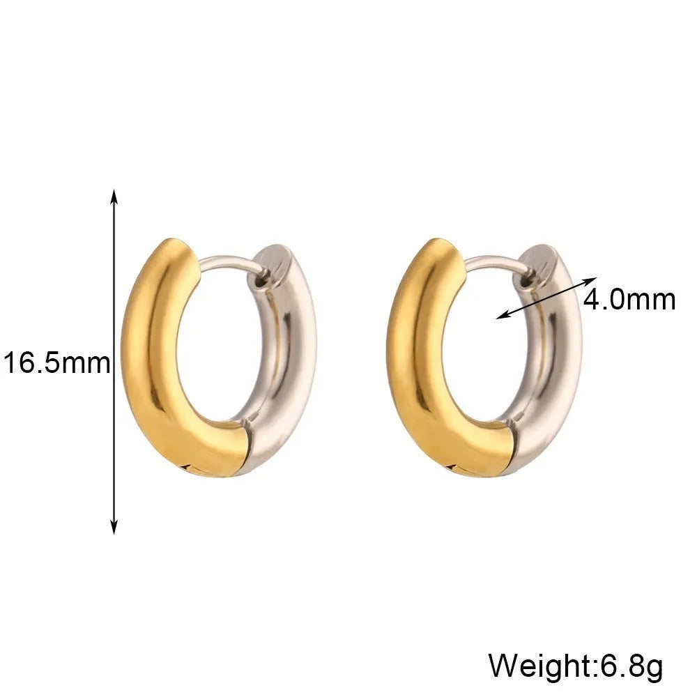 Gold electroplated women's jewellery set with geometric earrings, bracelet, and necklace on stainless steel