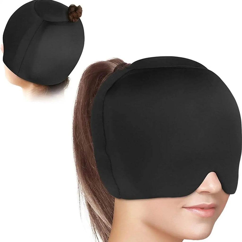 Solid colour cold compress cap for migraine relief in black, dark blue, or pink