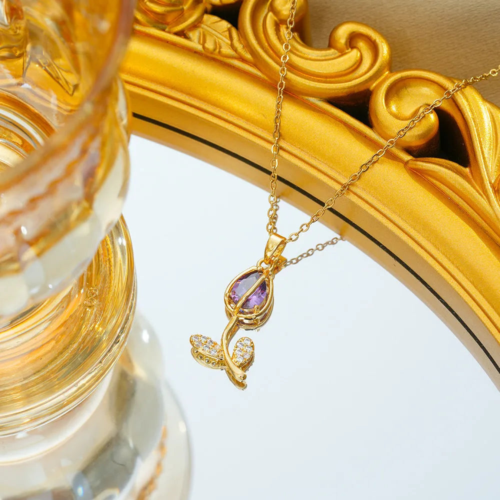 Zircon tulip necklace for women with electroplated C383 gold finish and adjustable titanium steel chain