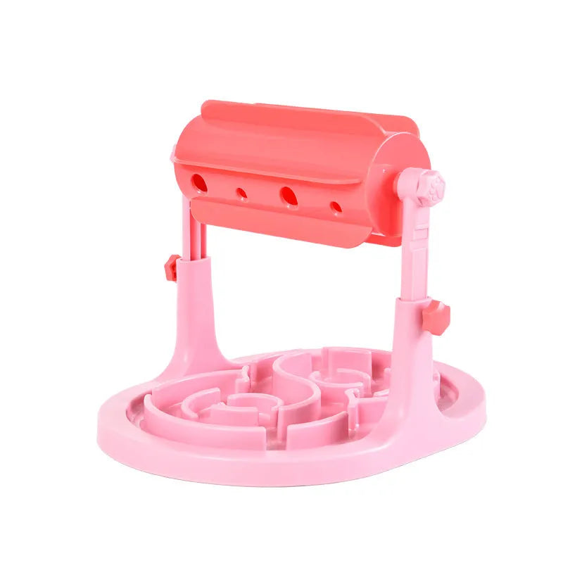 Blue interactive pet slow feeder bowl with adjustable height and puzzle design