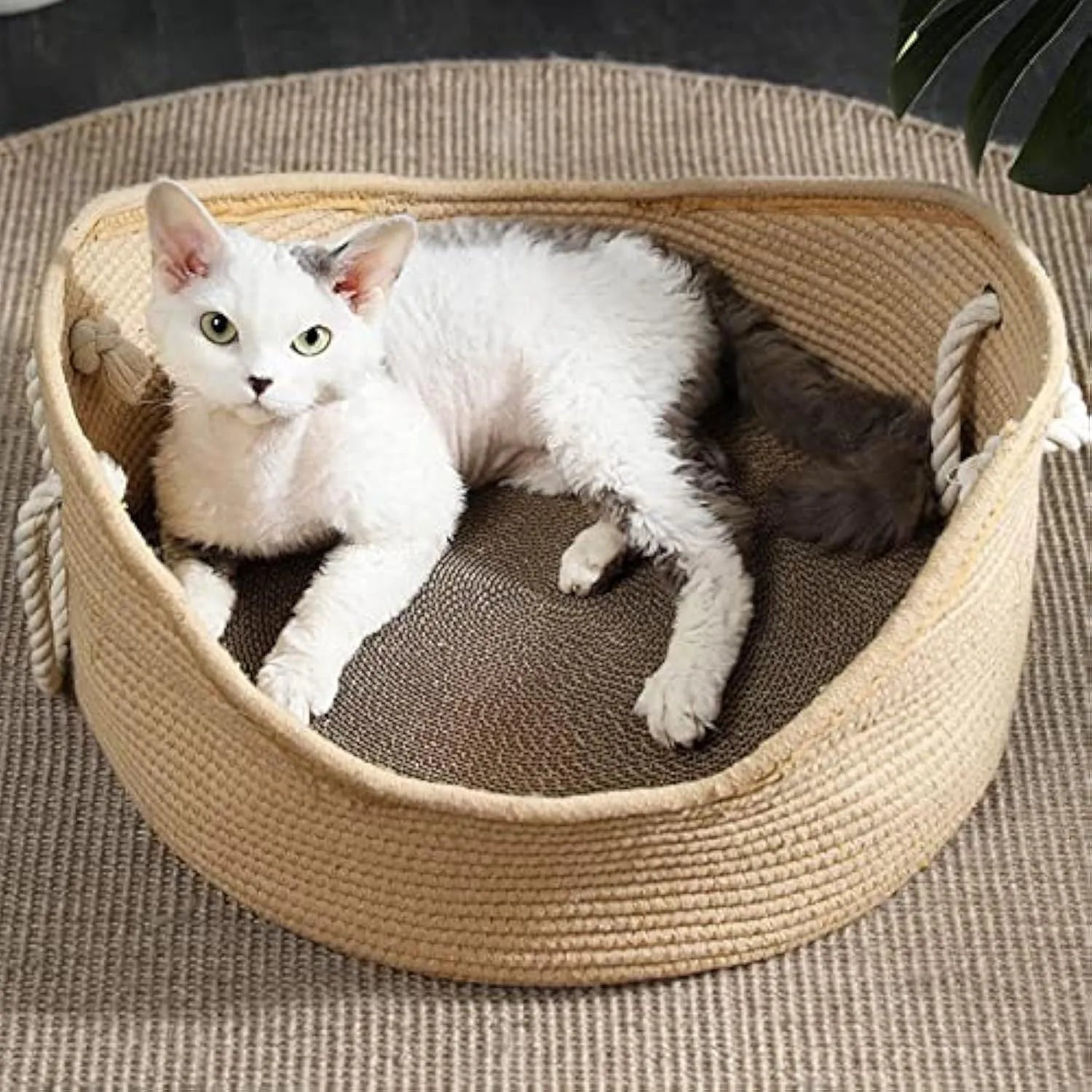 Wicker cat basket bed with a built-in corrugated cardboard scratching panel.