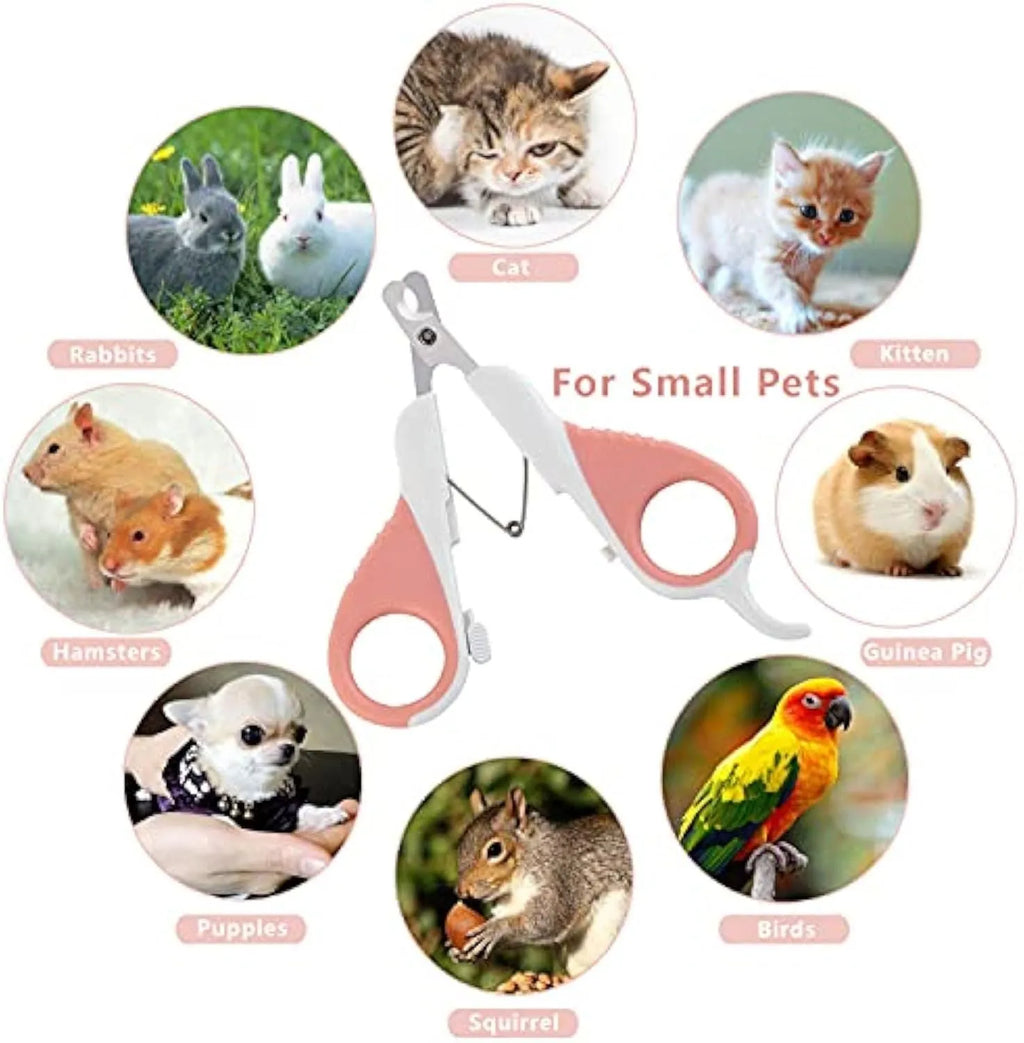 Grey and pink angled blade cat nail clippers with safety guard on a non-slip handle