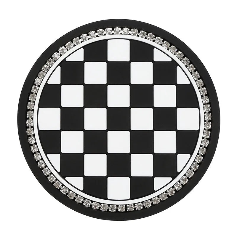 Black and white checkerboard pattern PVC car cup holder mat with non-slip base