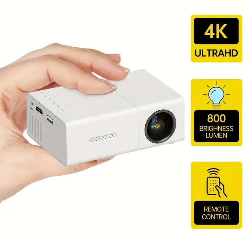 M100 mini LED home projector in black or white showing 100 inch projection capability with remote control