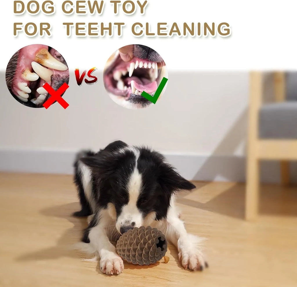 Yellow pine cone dog chew toy with treat dispenser hole for medium and large dogs