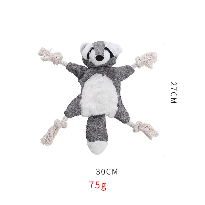 Brown fox plush dog toy with rope arms and legs, embroidered eyes, and a squeaker.