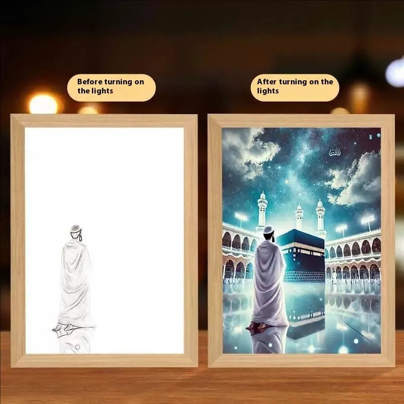 Modern rectangular LED photo frame displaying changeable sea scene artwork with built-in illumination