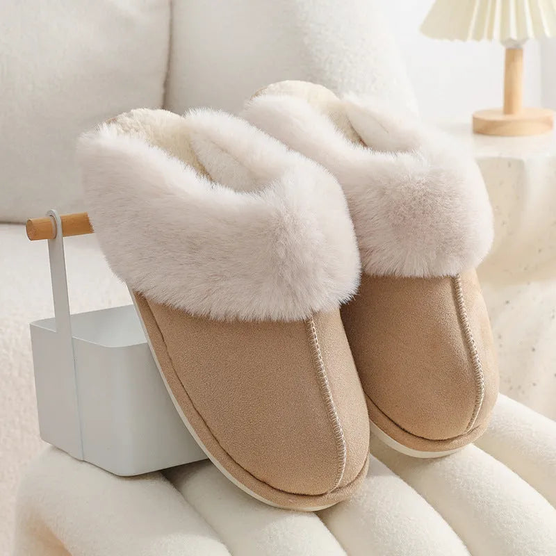 Women's brown plush indoor slippers with round toe design and non-slip PVC soles