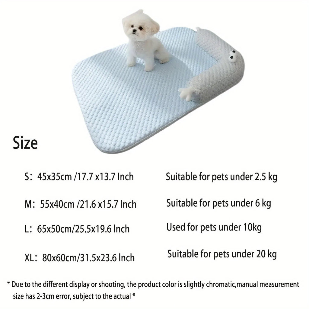 Blue pet bed cushion with cartoon monster face, showing non-slip base and folded size.