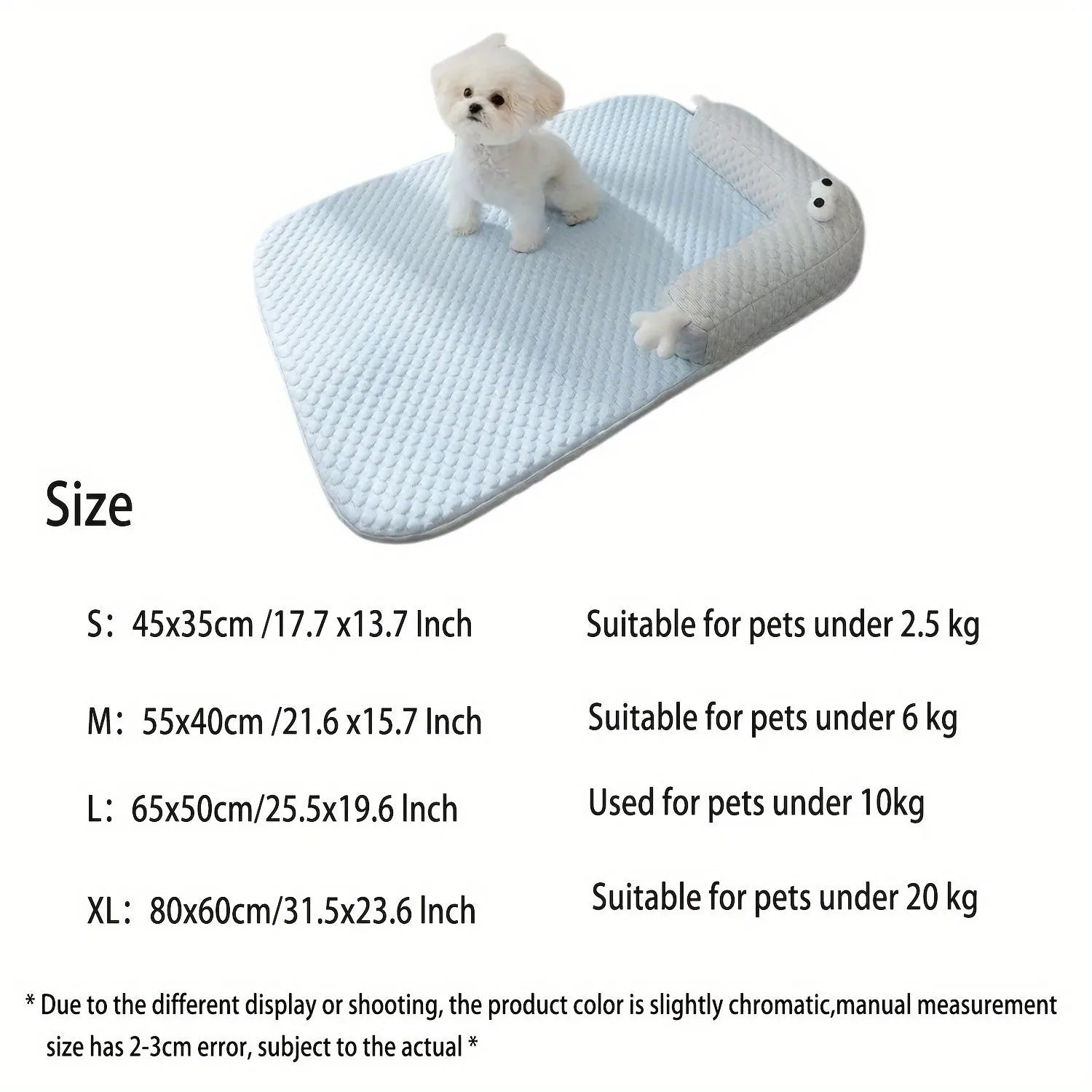 Blue pet bed cushion with cartoon monster face, showing non-slip base and folded size.
