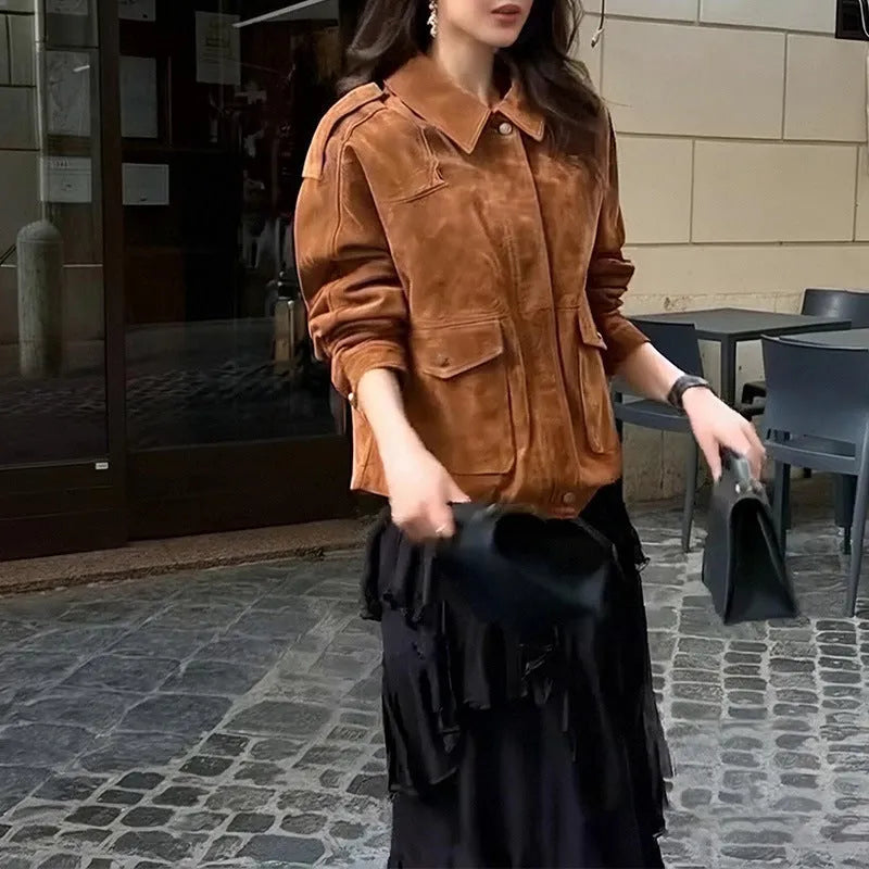 Women's bright brown polyester suede coat with regular sleeves on hanger