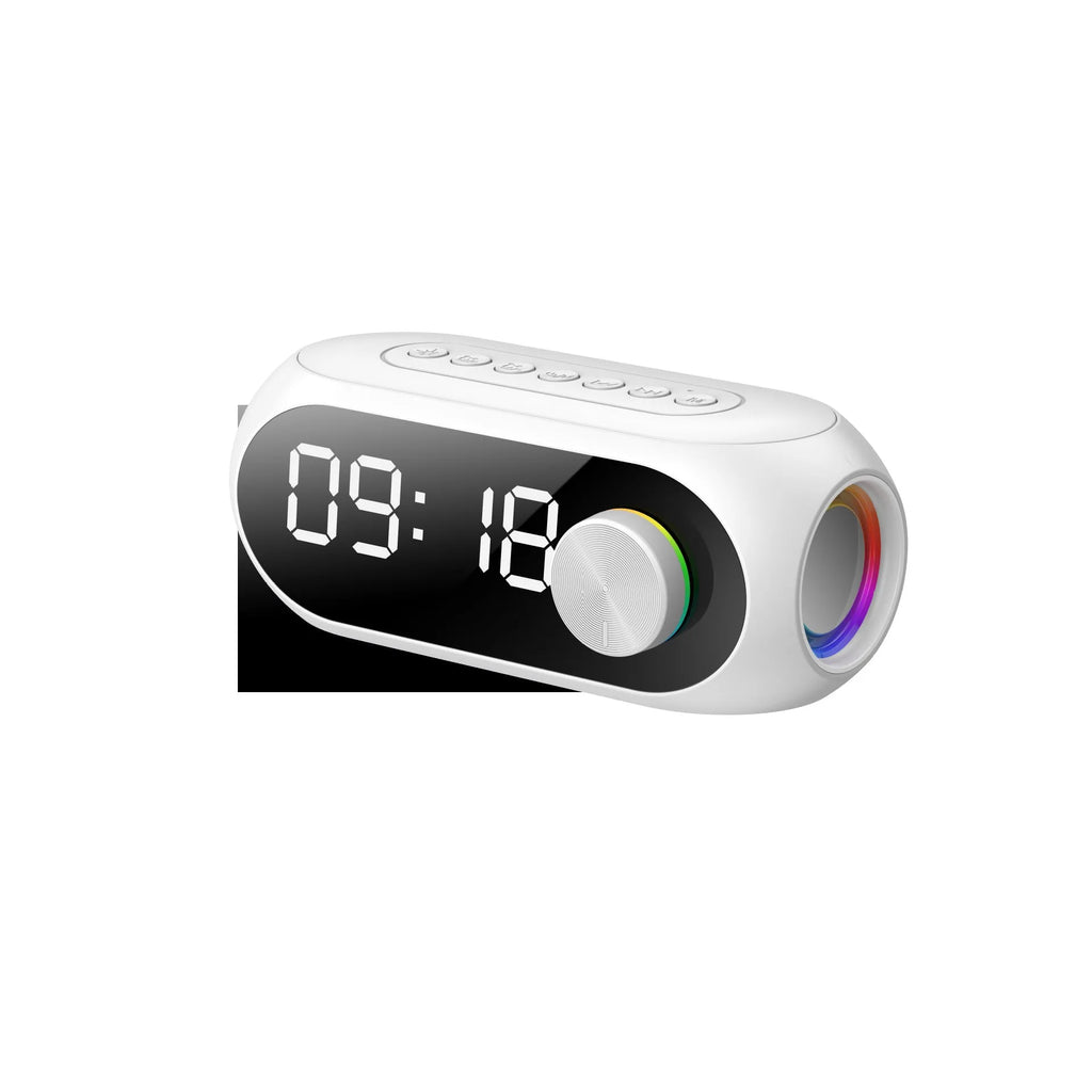 Extra Bass Portable Mini Clock Household Speaker in S8 Black colour with USB charging cable.
