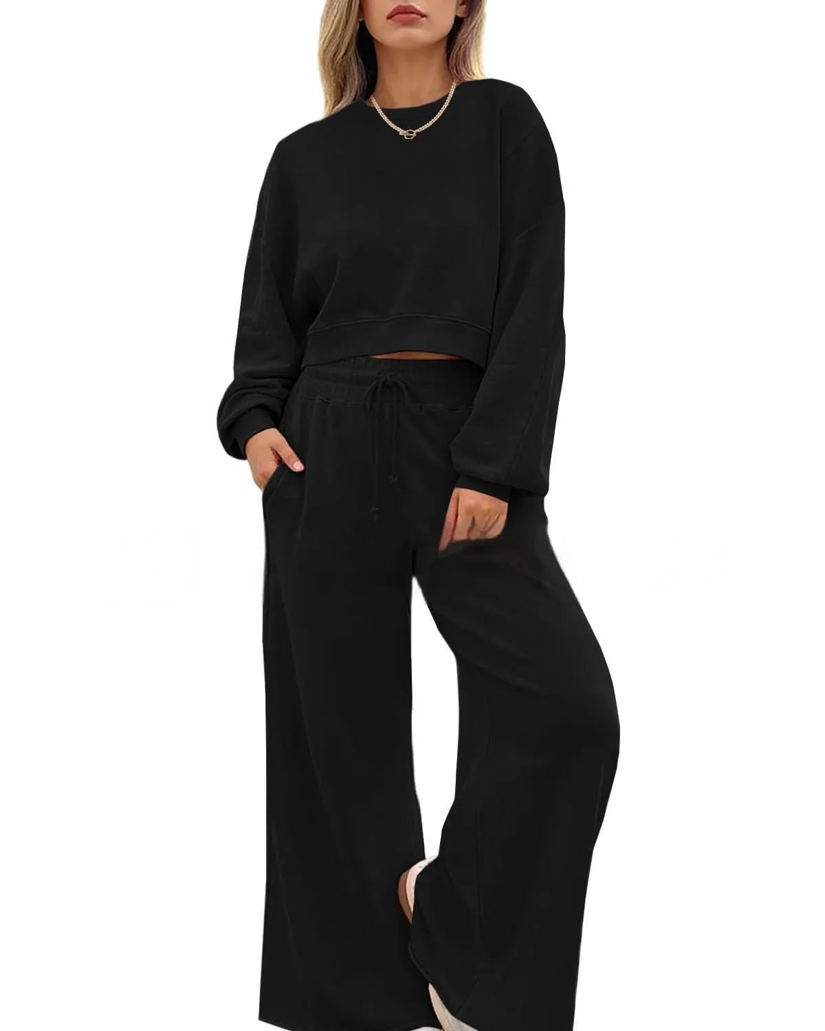 Women's solid colour polyester long sleeve top and trouser two-piece set in street hipster style.