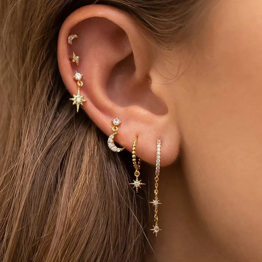 Six gold electroplated chain tassel earrings with zircon studs on copper base