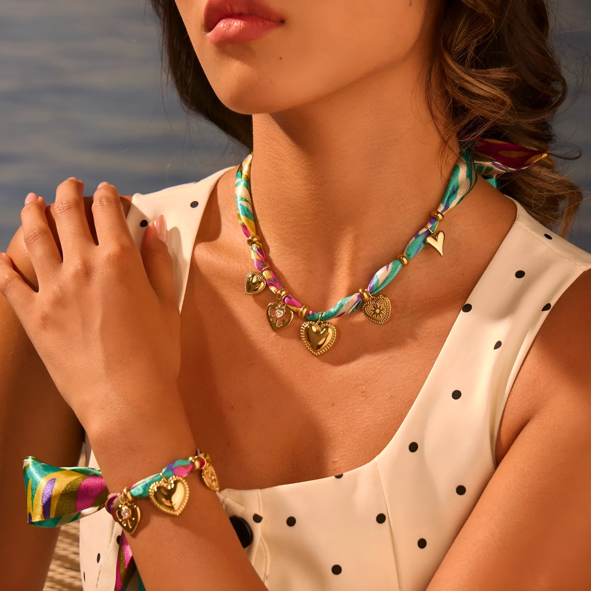 18K gold plated geometric pendant necklace and bracelet set on adjustable 41-50cm stainless steel chain