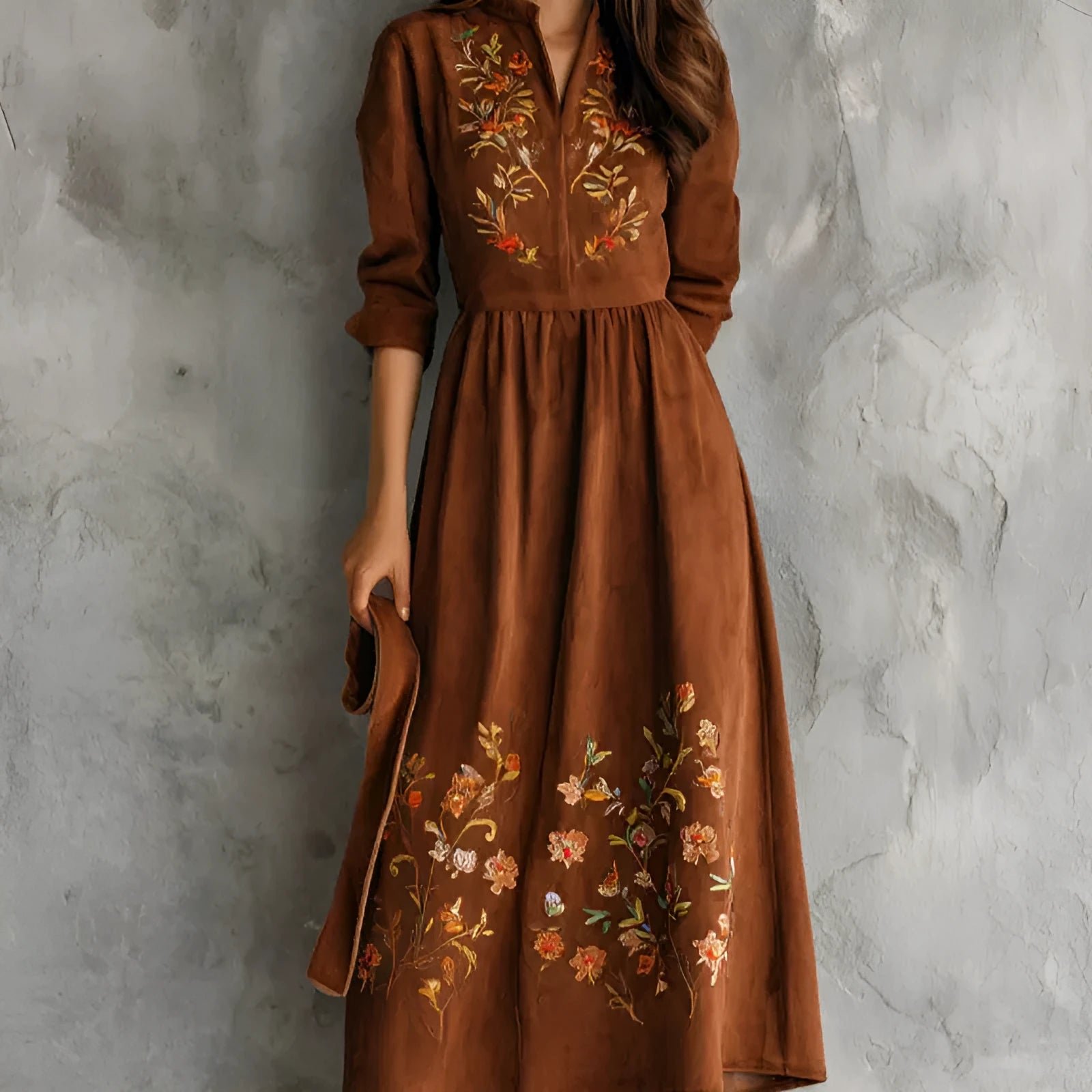 Brown vintage floral embroidered suede-effect midi dress with long sleeves