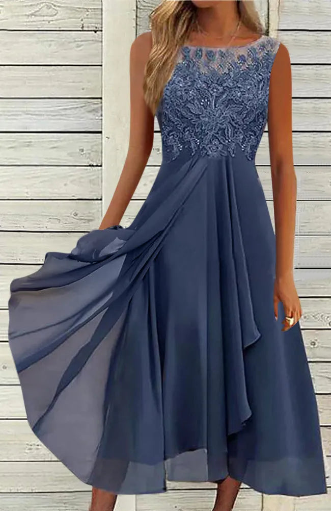 Women's sleeveless chiffon dress with lace hollow-out detail in blue, green or purple colours