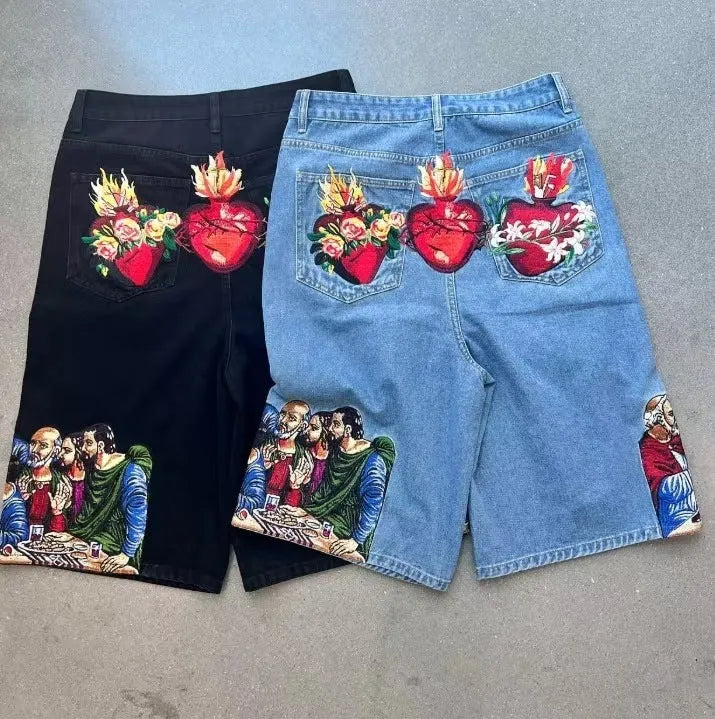 Men's blue cotton tapered shorts with Jesus print design on back pocket showing micro elasticity fabric