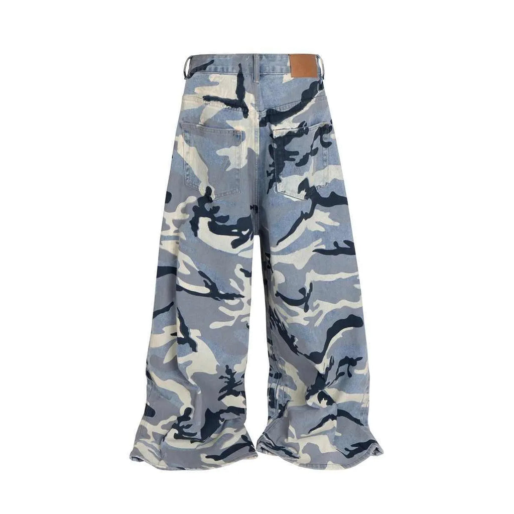 Snow camouflage blue loose-fit jeans showing mid-waist design and micro-elastic cotton denim fabric