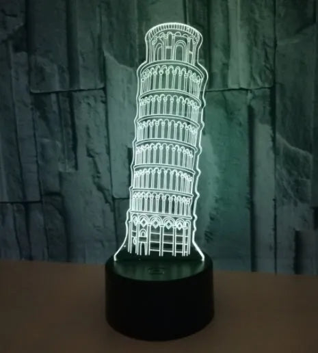 3D acrylic Leaning Tower of Pisa LED nightlight with seven colour lighting on black base